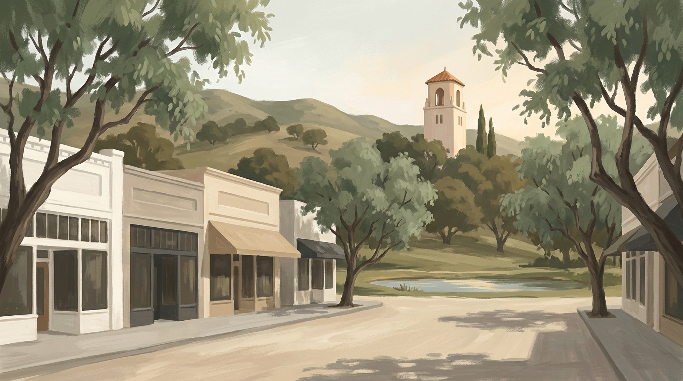 Early-1900s storefronts and pepper trees along Old Town Calabasas near the pond