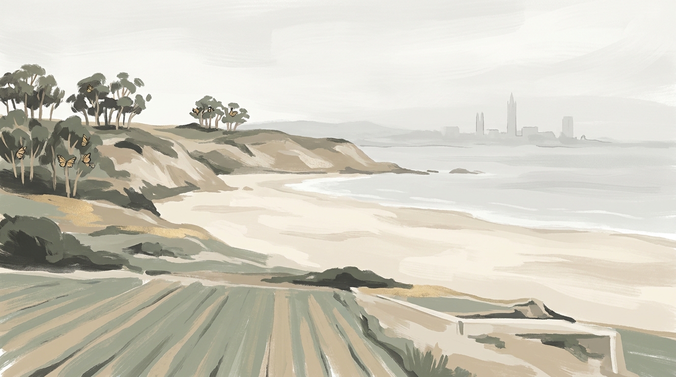 Sandy beach below low bluffs with eucalyptus groves along the Goleta coast