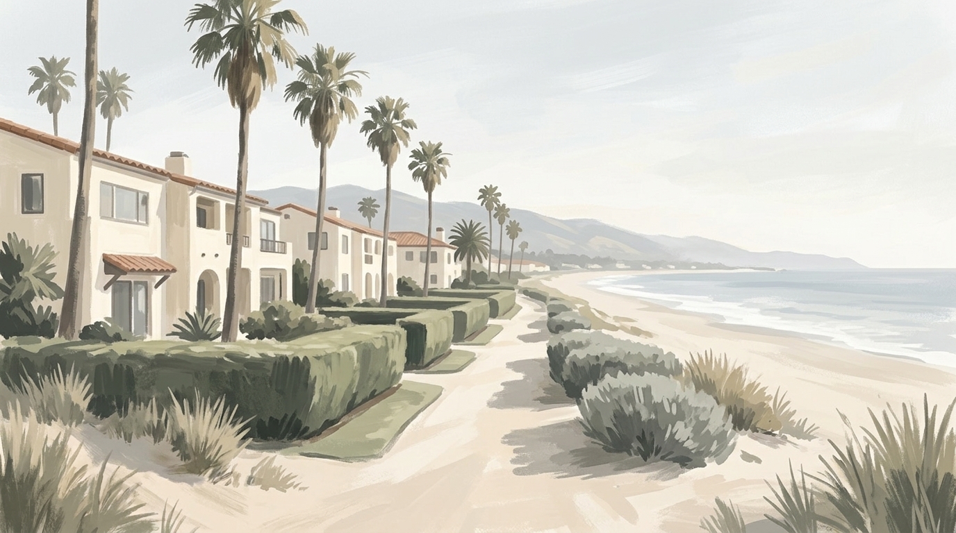 Watercolor view of Montecito Shores above Butterfly Beach
